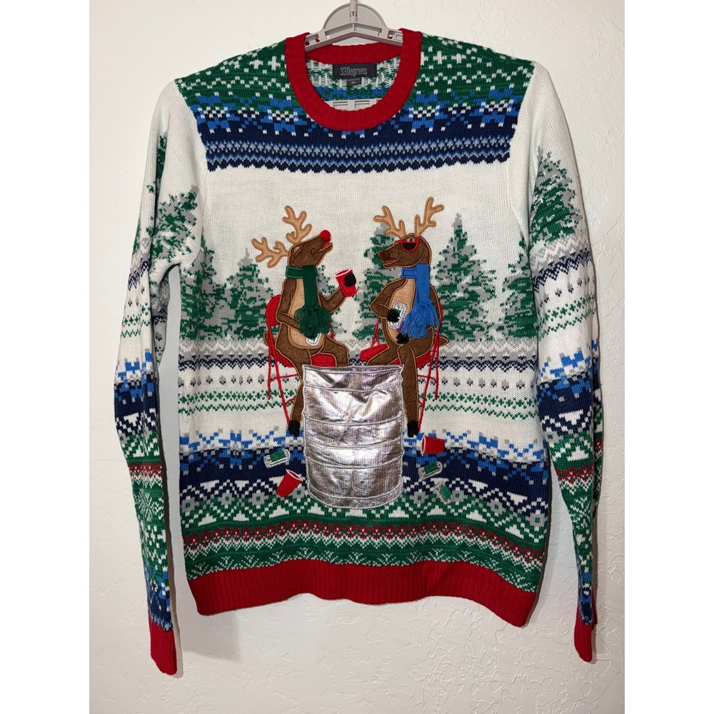 33 Degrees Reindeer Keg Party Ugly Christmas Sweater Mens XL Fair Isle Knit
